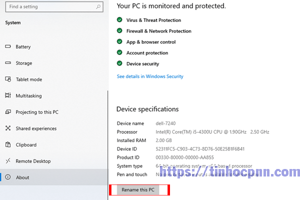 Tại bảng hộp thoại mới, bạn kéo xuống dưới chọn mục About. Sau đó click chọn Rename this PC